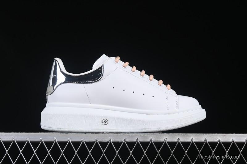 Alexander McQueen Oversized Sneakers with Mirror Silver Heel - White Leather Lace-Up Shoes