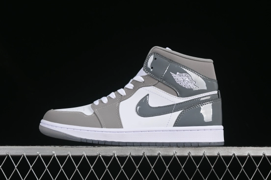 Nike Air Jordan 1 Mid Basketball Shoes in White Grey Patent Leather - HF3216-100