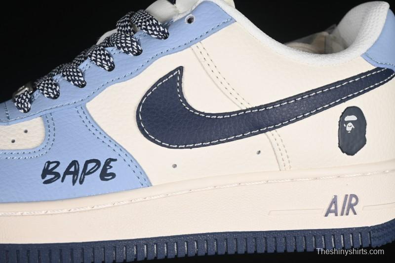 Nike Air Force 1 '07 Low Bape Collaboration Light Blue Swoosh Casual Sneakers - XS1958-554