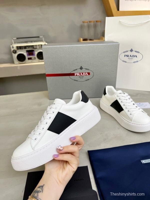 2024 Unisex Prada White Black Silk Calfskin Leather Sneakers MJ00310