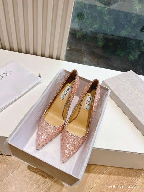 2025 Women Jimmy Choo Pink Glitter Leather Pointed Toe Pumps KFY00280