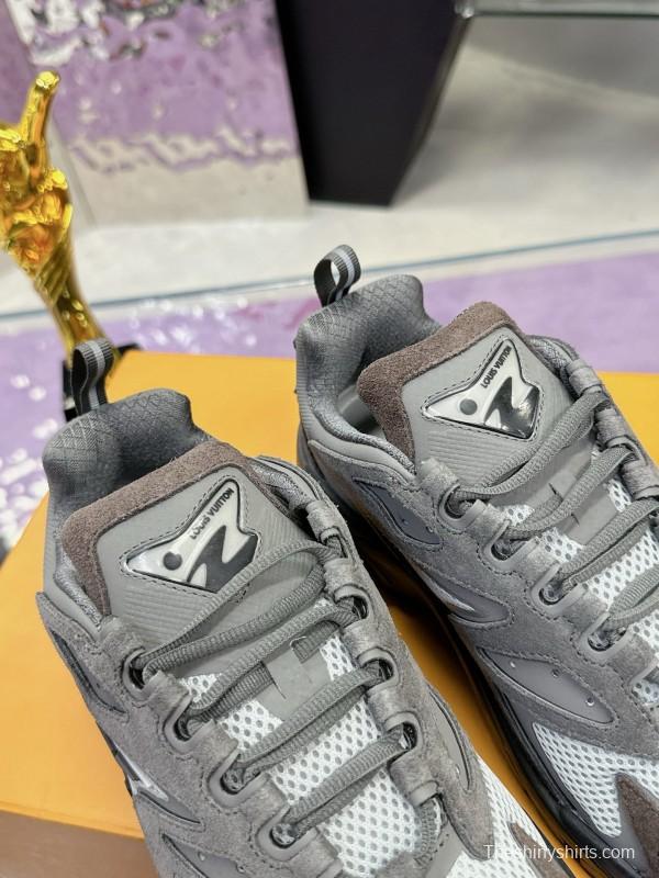 2025 Men Louis Vuitton Grey White Mesh Leather Sneakers MJ00420