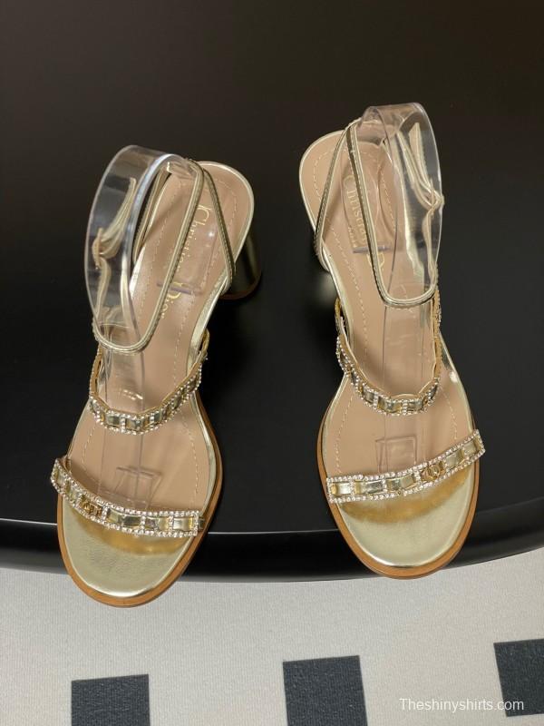 2025 Women Dior Gold Leather Crystal Block Heel Sandals