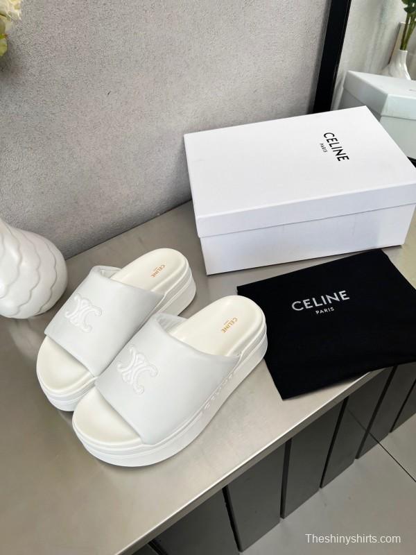 2025 Slippers Celine White Leather Platform Embossed LY00240