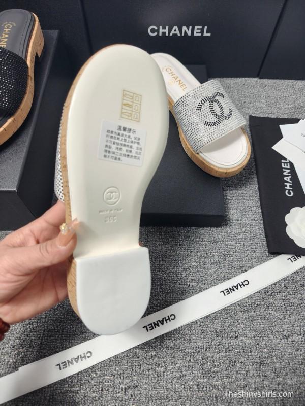 2025 CHANEL Silver Crystal Leather Slippers