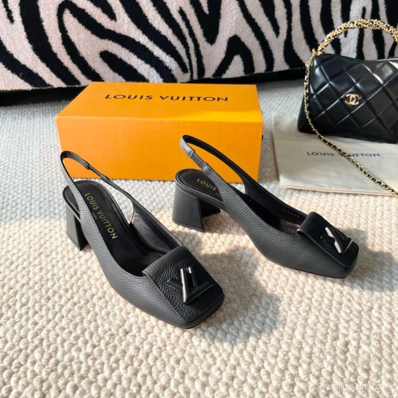 2024 Women Louis Vuitton Black Leather Slingback Heel