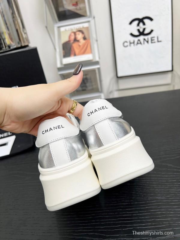 2025 Women Chanel White Silver Leather Suede Sneakers