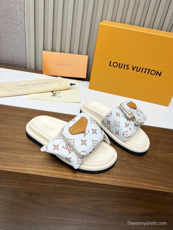 2025 Women Louis Vuitton White Brown Canvas Slippers KFY00230