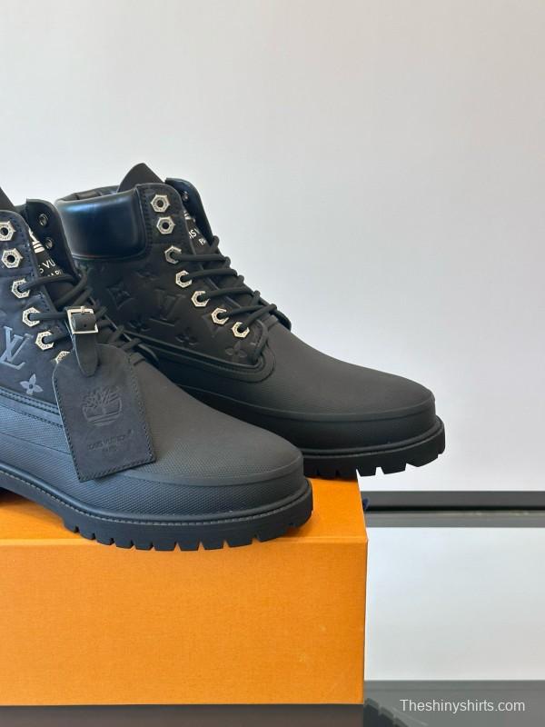 2024 Men Louis Vuitton Black Leather Monogram Work Boots MJ00390
