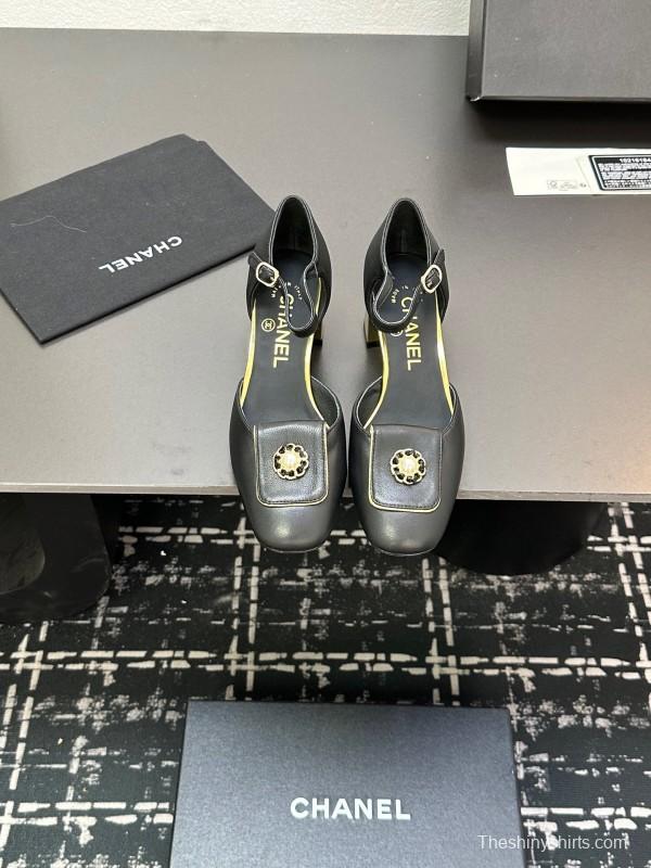 2025 Women CHANEL Black Leather Block Heel Metal Accent LY00360