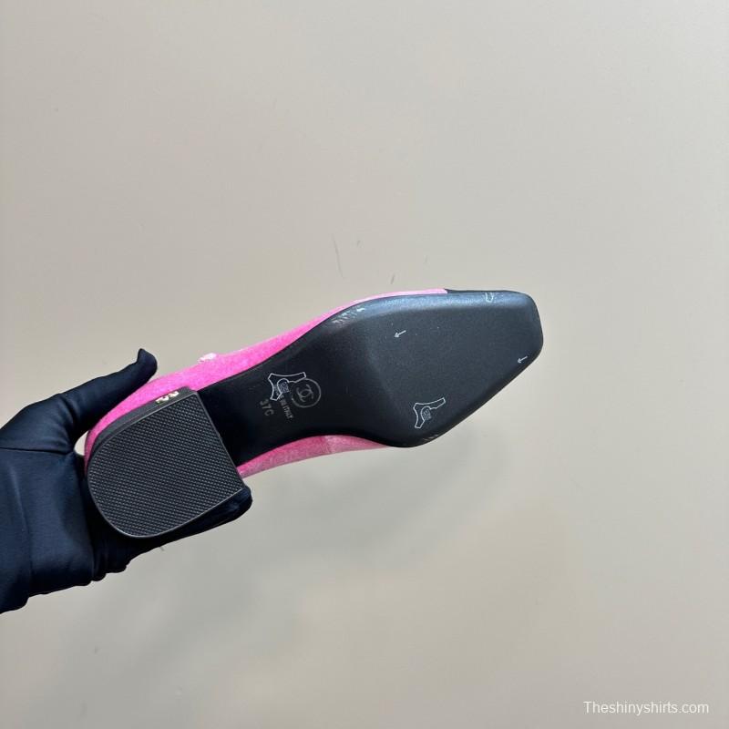 2025 Women Chanel Pink Black Velvet Mary Jane Shoes