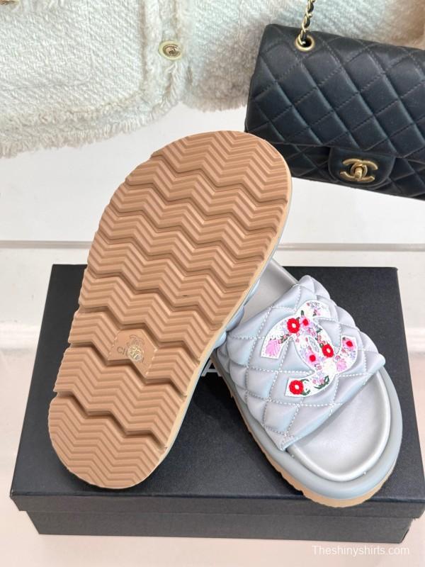 2025 Slippers Chanel Silver Floral Embroidery Leather Slippers KFY00260