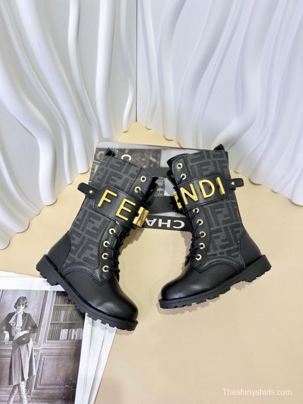 2024 Kids Fendi Black Brown Leather Fabric Boots