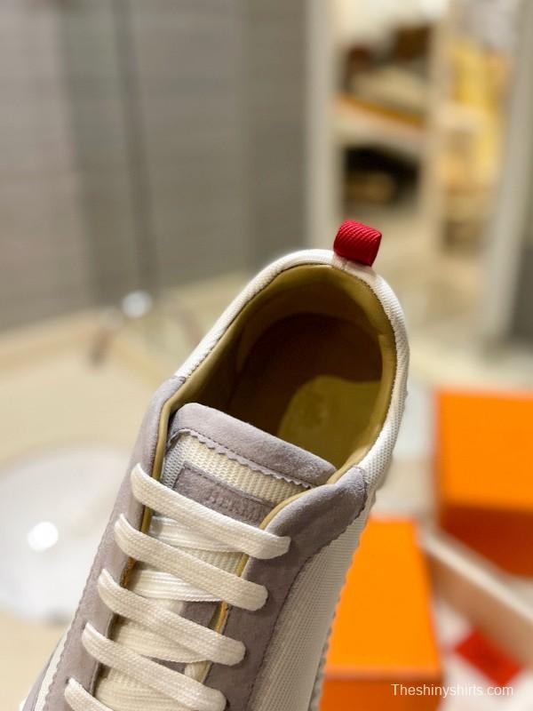 2024 Unisex Hermès White Grey Silk Leather Sneakers MJ00320