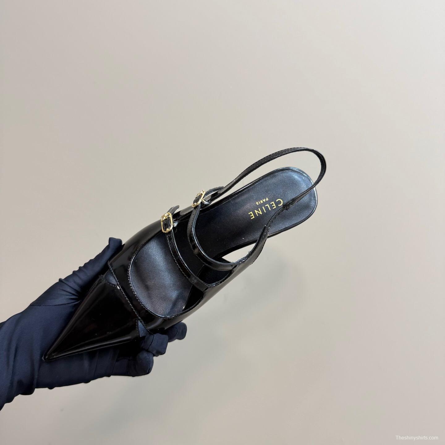 2025 Women CELINE Black Patent Leather Pointed Toe Slingback Heels