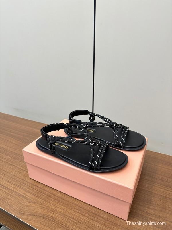 2025 Women Miu Miu Black Leather Rope Sandals