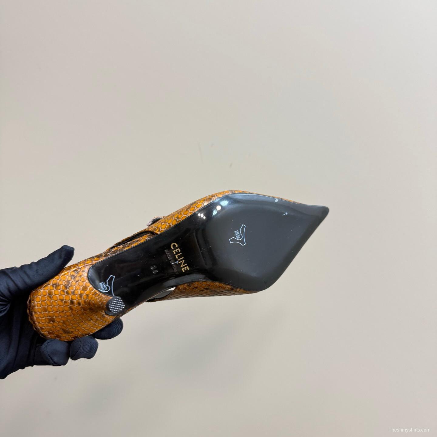 2025 Women Celine Brown Snake Leather Pointed Toe Slingback Heels