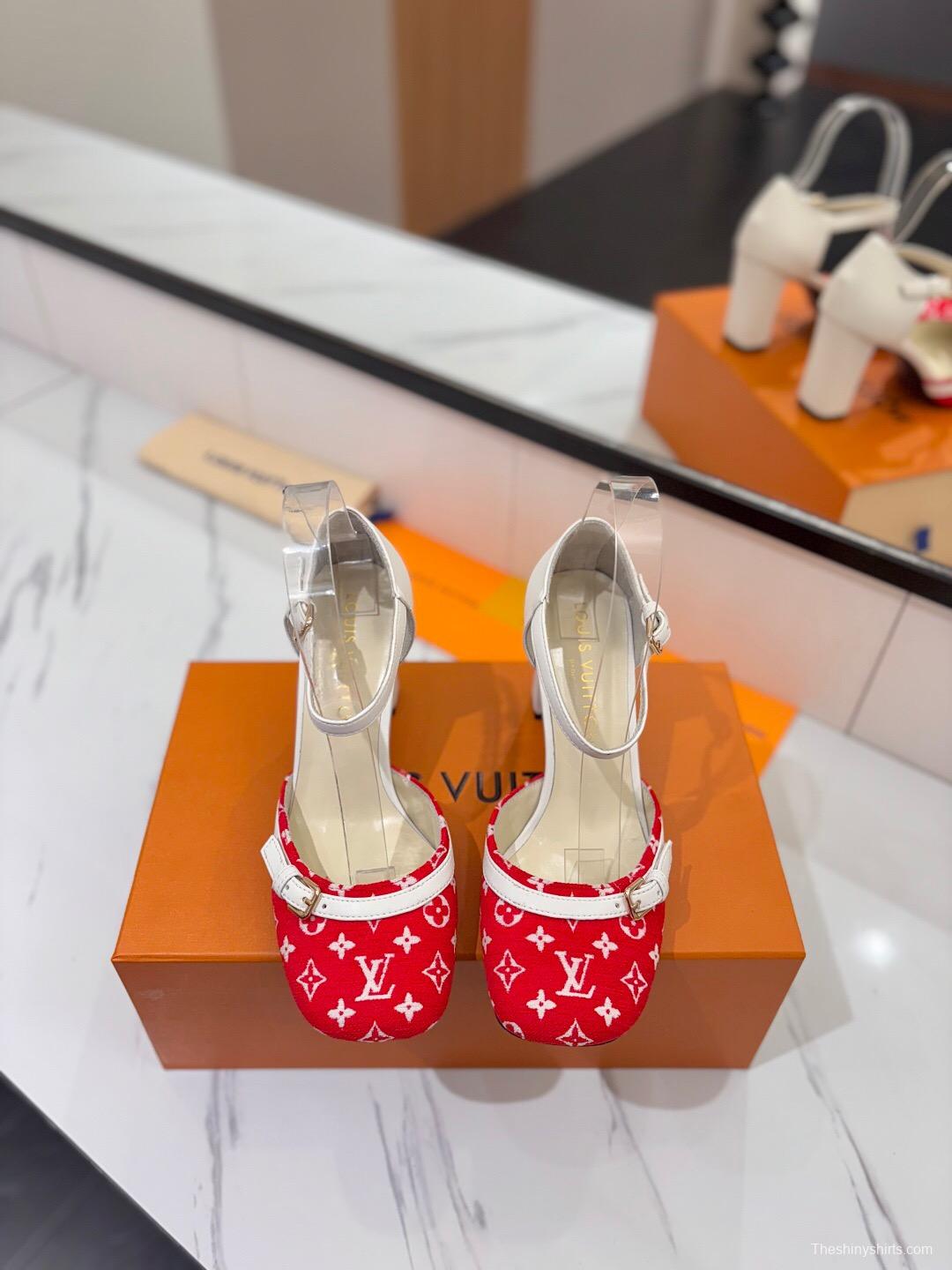2025 Women Louis Vuitton Red White Denim Leather Heeled Sandals KFY00310