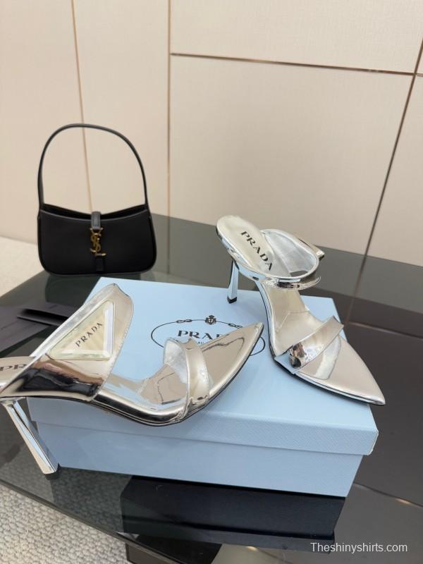 2025 Women Prada Silver Leather Pointed Toe Sandals