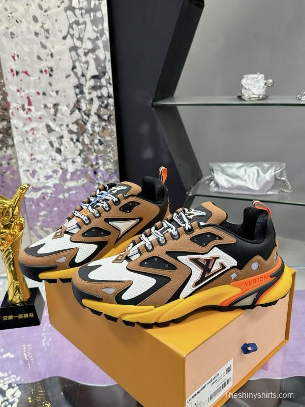 2025 Men Louis Vuitton Brown White Black Mesh Leather Sneakers MJ00420
