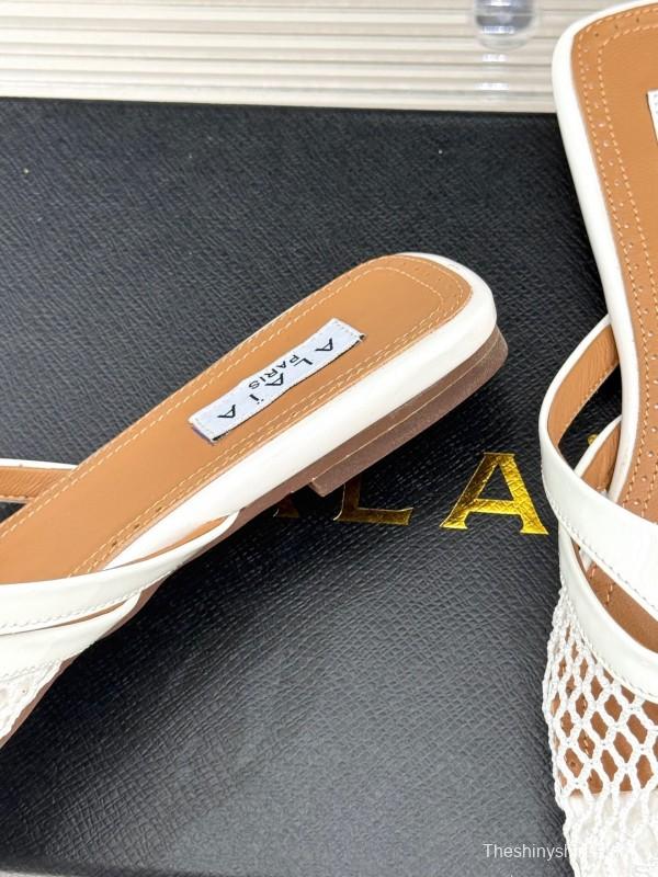 2025 Slippers AlAIA White Leather Mesh Flat Shoes