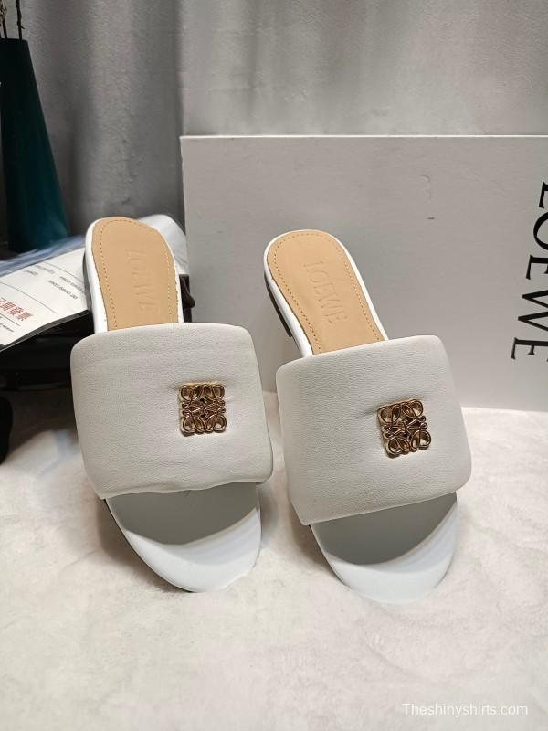 2025 Women Loewe White Leather Slippers LY00260