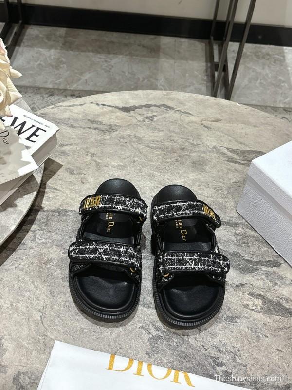 2025 Women Dior Black White Fabric Leather Sandals KFY00300