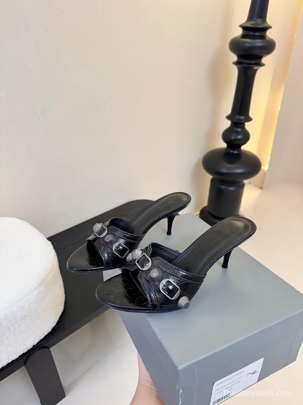2025 Women Balenciaga Black Leather High Heel Metal Decoration KFY00290
