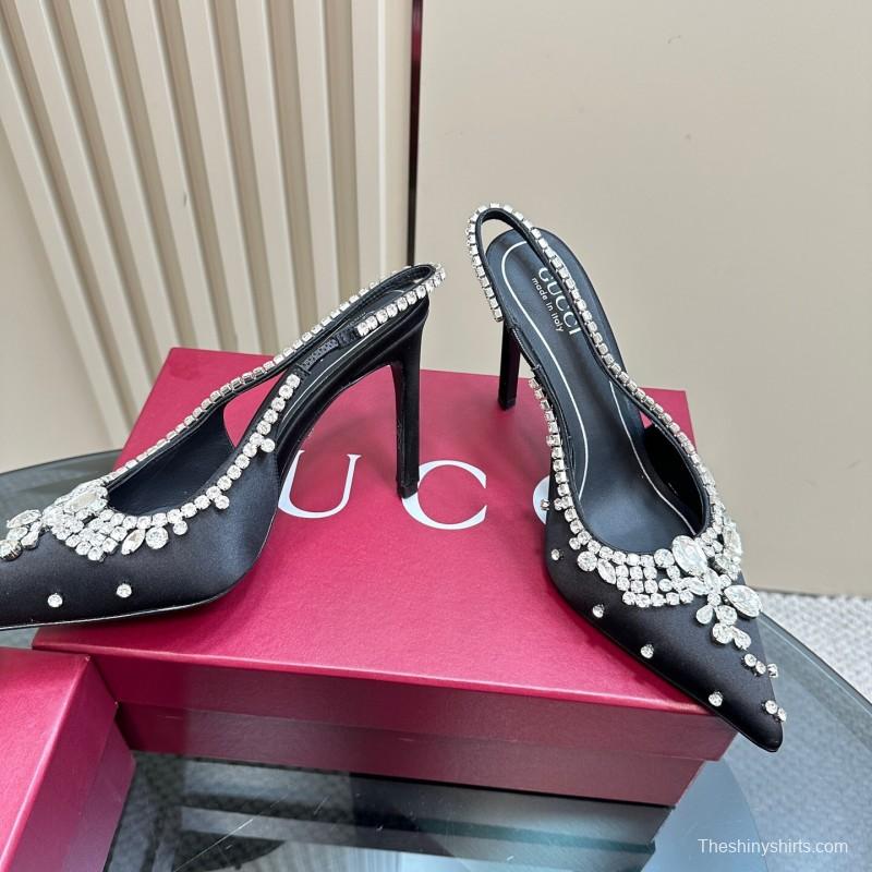 2025 Women Gucci Black Satin Crystal Embellished Slingback Heels
