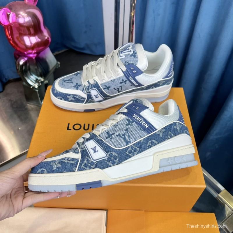 2025 Men Louis Vuitton Blue White Denim Leather LV Trainer