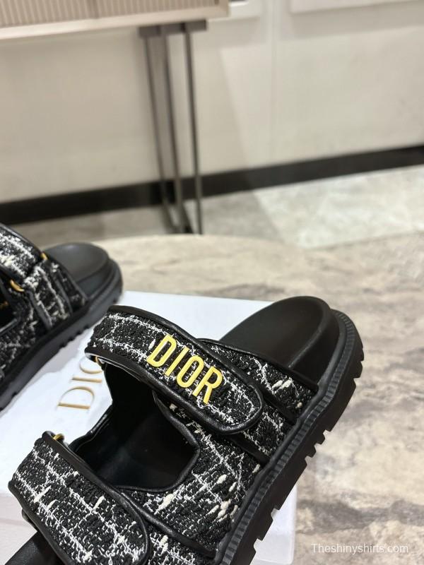 2025 Women Dior Black White Fabric Leather Sandals KFY00300