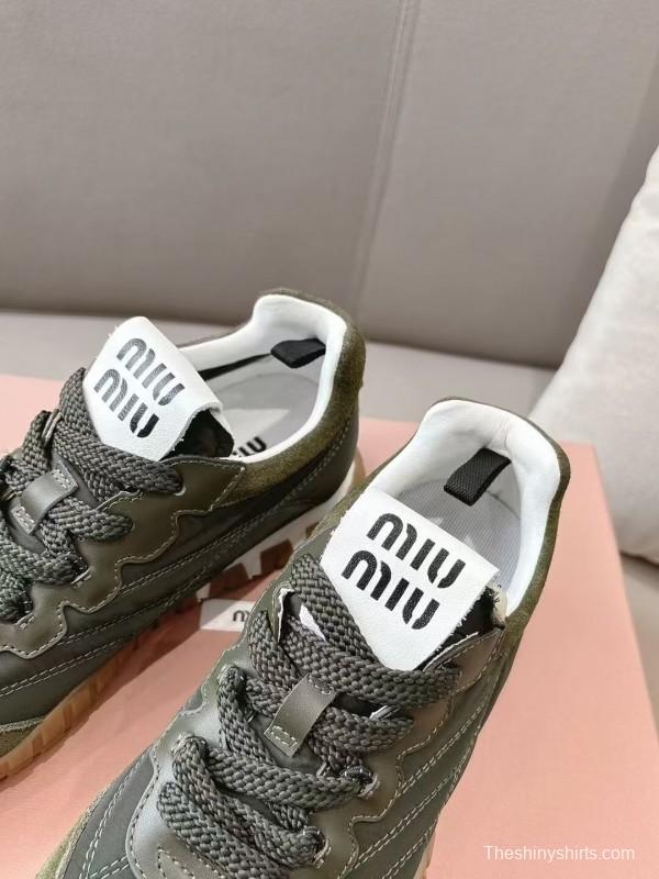 2025 Women Miu Miu Olive Green Suede Leather Sneakers KFY00280