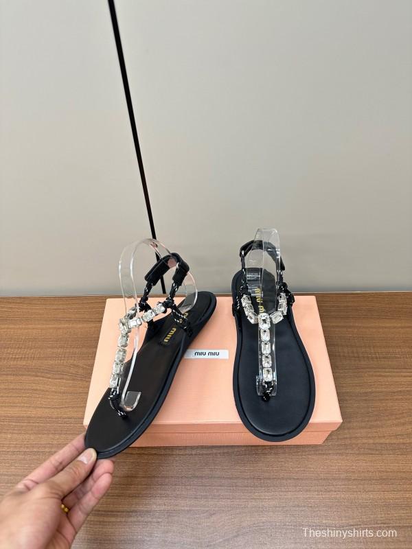 2025 Women Miu Miu Black Leather Rhinestone Sandals LY