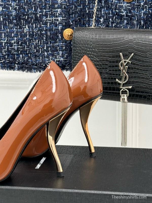 2024 Women Yves Saint Laurent Brown Patent Leather High Heels Metal Tip MJ00330