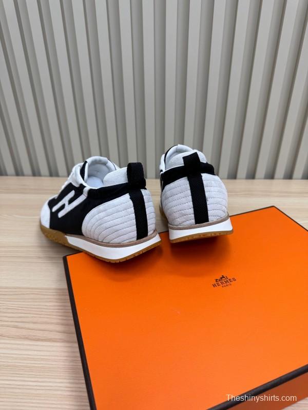 2025 Unisex Hermès White Black Suede Goat Leather Sneakers Top Version KFY00300