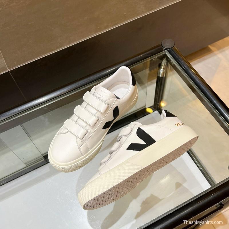 2025 Unisex VEJA White Black Leather Canvas Sneakers Velcro MJ00240(W/M)