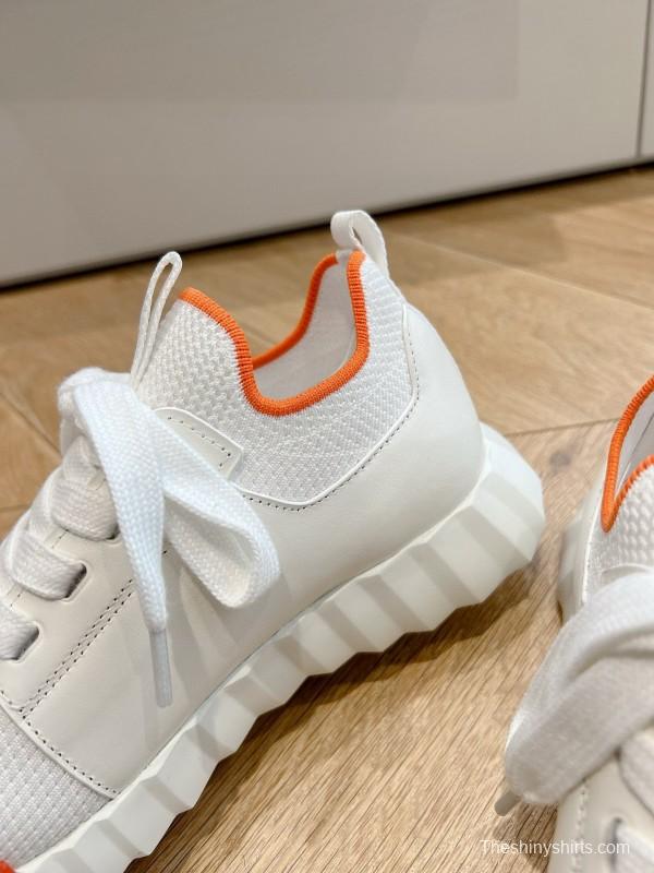 2024 Unisex Hermès white orange knit leather sneakers