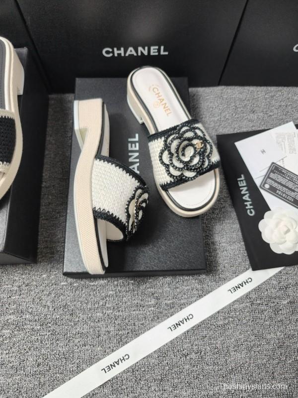 2025 Slippers Chanel Black White Fabric Camellia LY00000