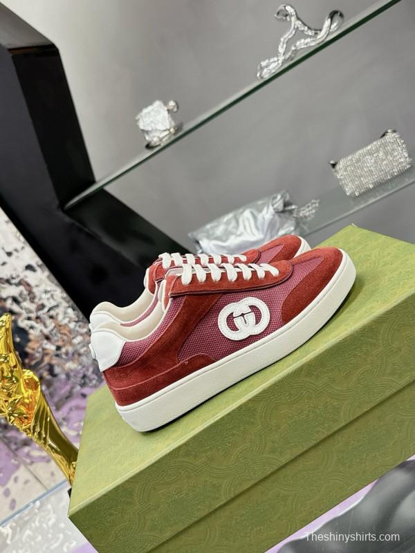 2024 Unisex Gucci Red Burgundy White Leather Suede Sneakers MJ00310