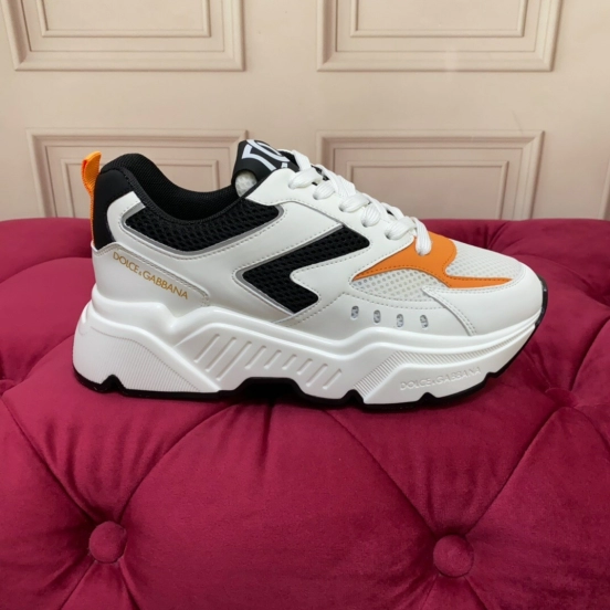 2025 Unisex Dolce & Gabbana White Black Orange Leather Lycra Sneakers LY00330(F)/LY00340(M)