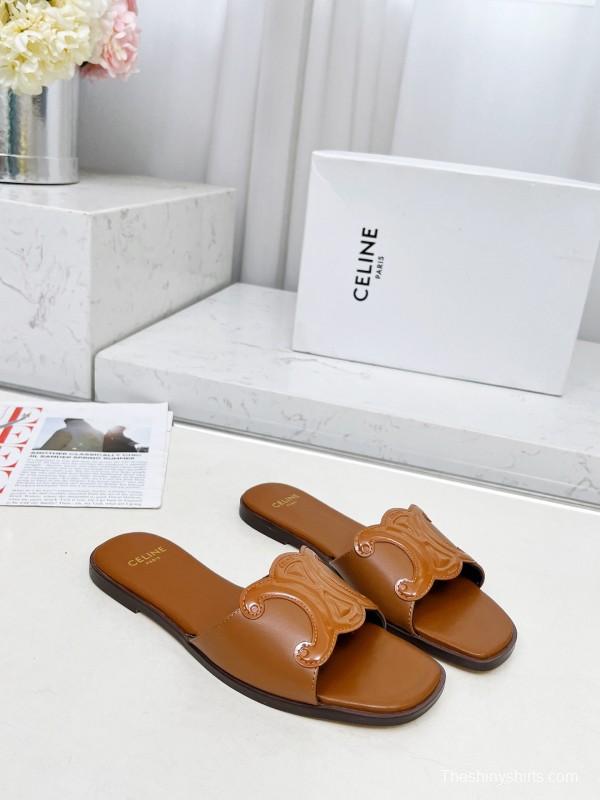 2025 Women CELINE Brown Leather Slippers LY00190
