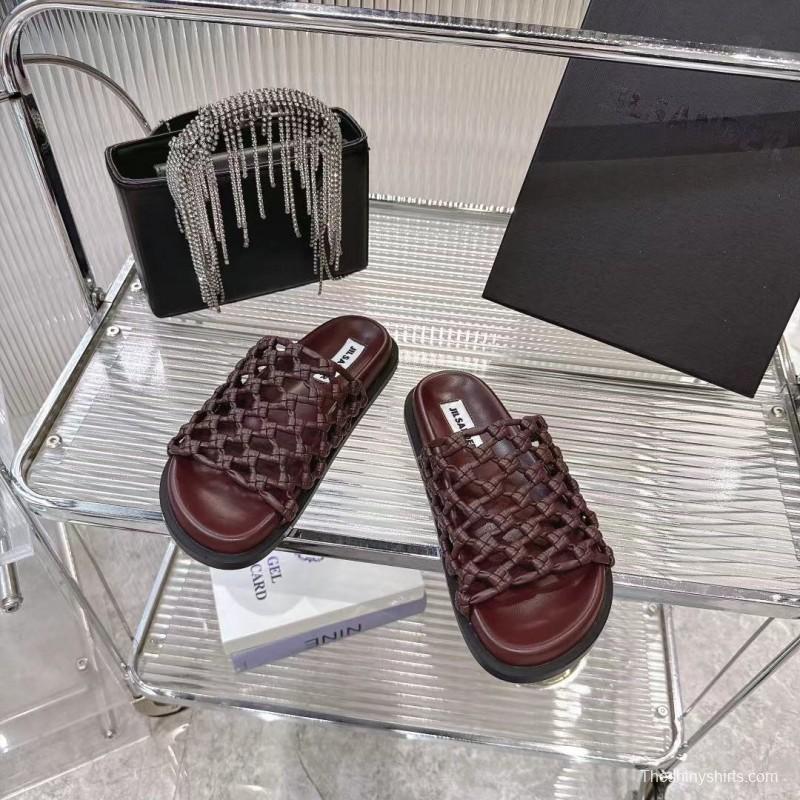 2025 Women Jil Sander Brown Leather Woven Slippers