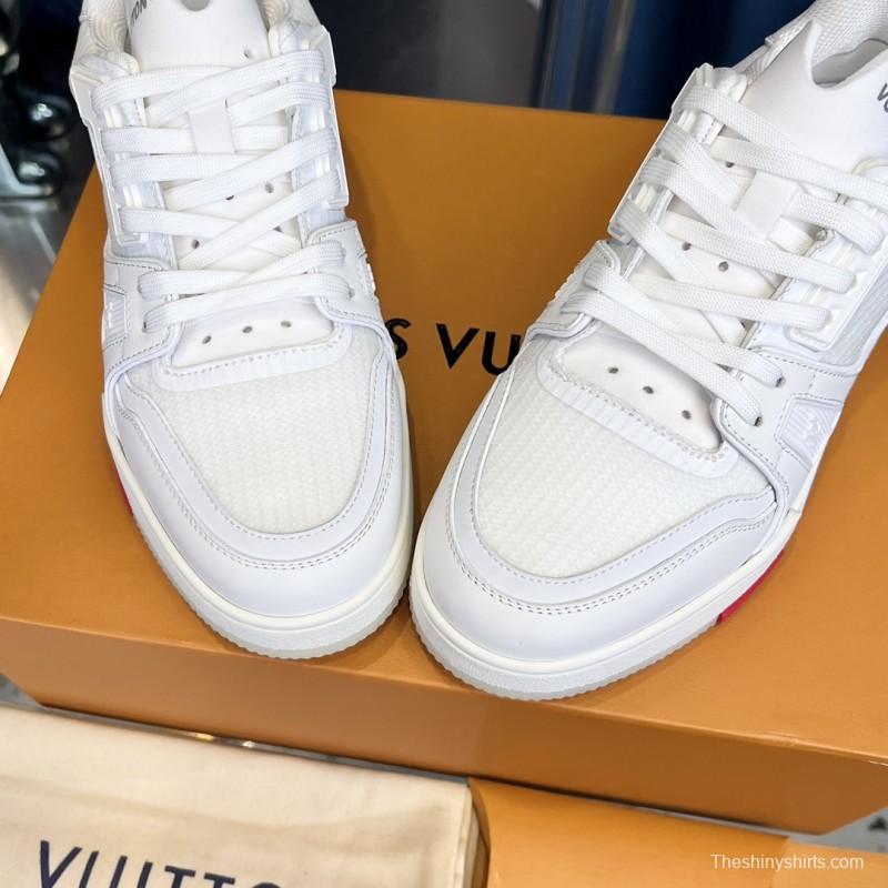2025 Unisex Louis Vuitton White Calf Leather Mesh Trainer TPU Plimsolls Goodyear Welt