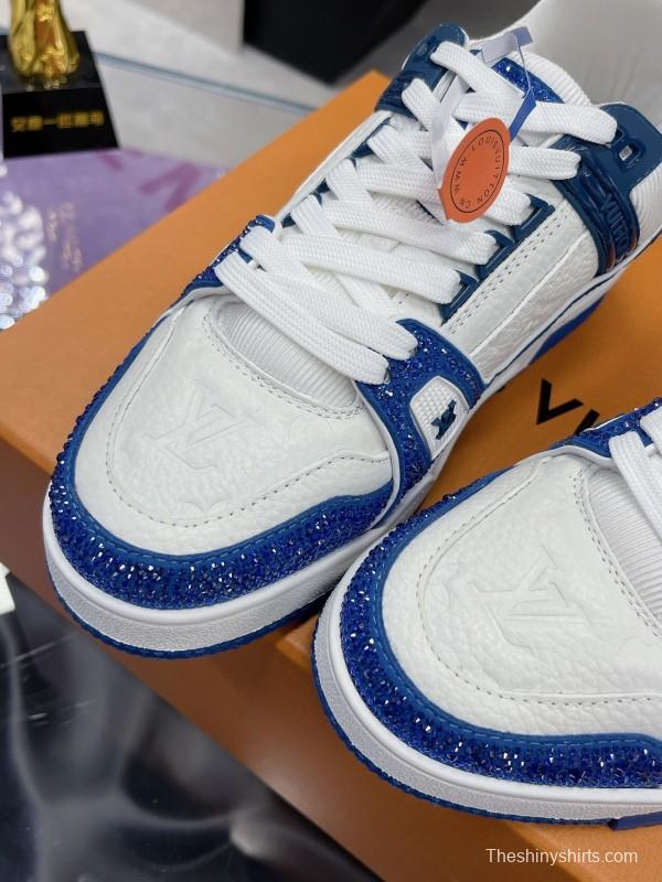 2025 Unisex Louis Vuitton Blue White Leather Plimsolls Handcrafted Beaded AS00400