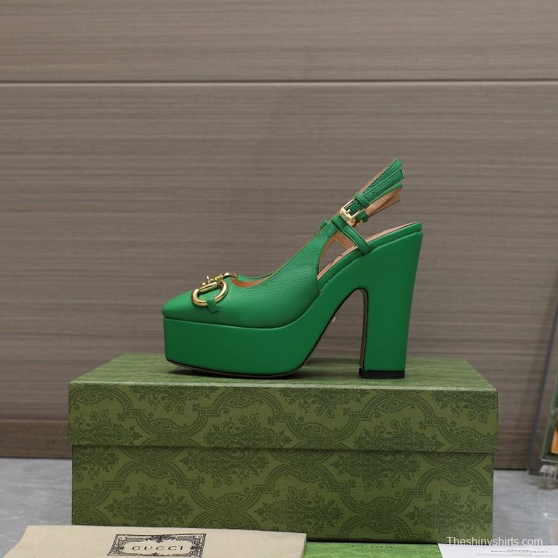 2025 Women Gucci Green Leather Platform High Heels KFY00320
